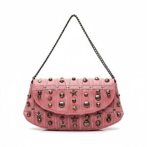 Betsey Johnson Vintage‎ Coral Studded Leather Shoulder Bag Brass Stars Iconic